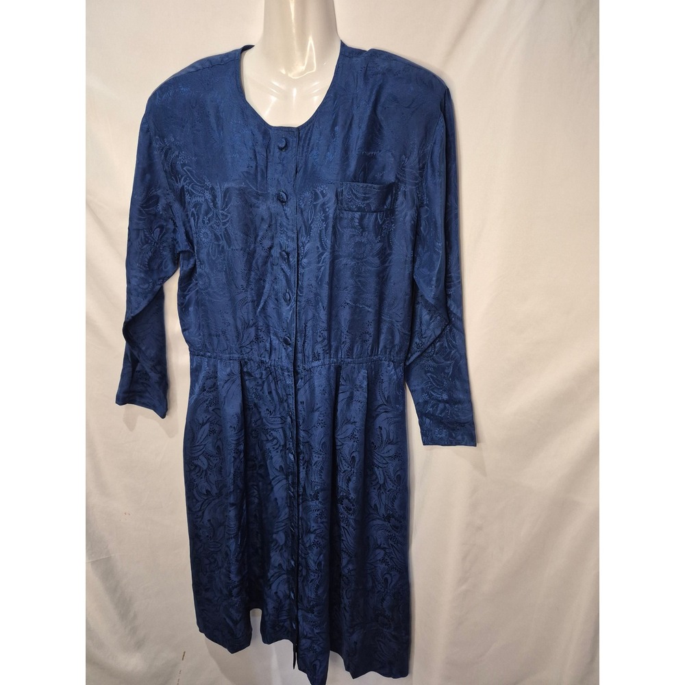 Vintage 100% Silk Navy Blue Jacquard Floral Button Front Midi Dress Size 14